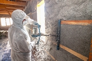 Worker applying insulation in new construction building