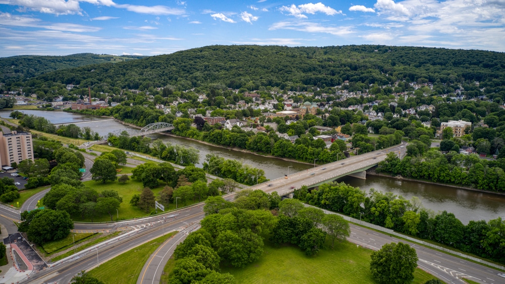 drone overhead shot of Binghamton, New York